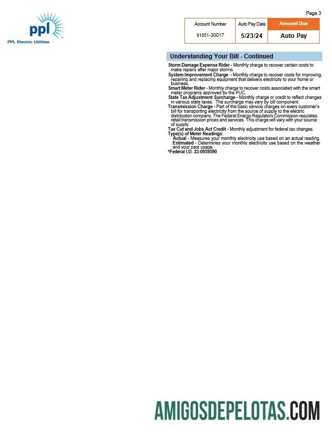 Conta de serviços públicos elétricos PPL da Pensilvânia nos EUA, 3 páginas 2 modelo